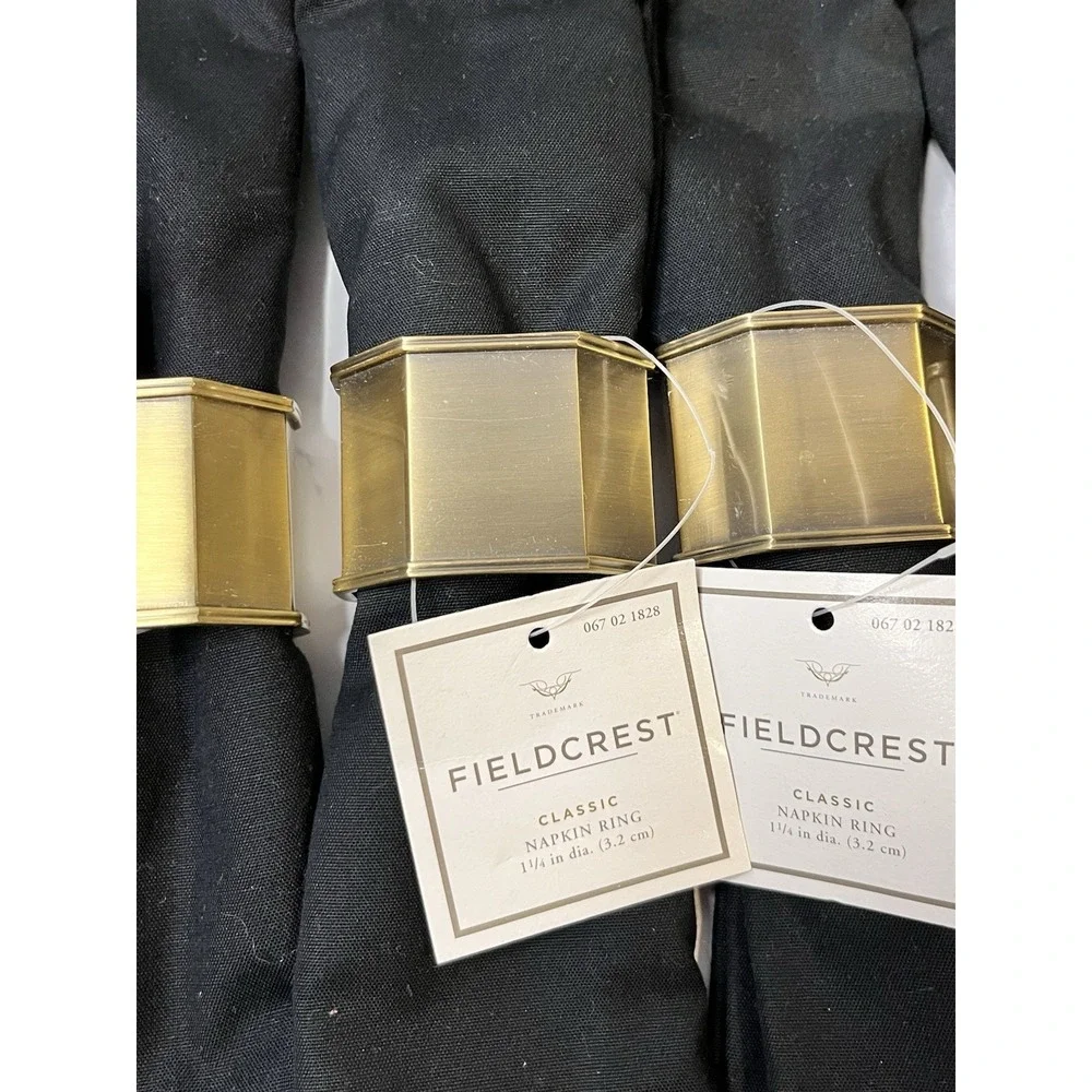 2000's Vintage Fieldcrest Brass Tone Napkin Rings W/ Black Napkins 6 Pc Set